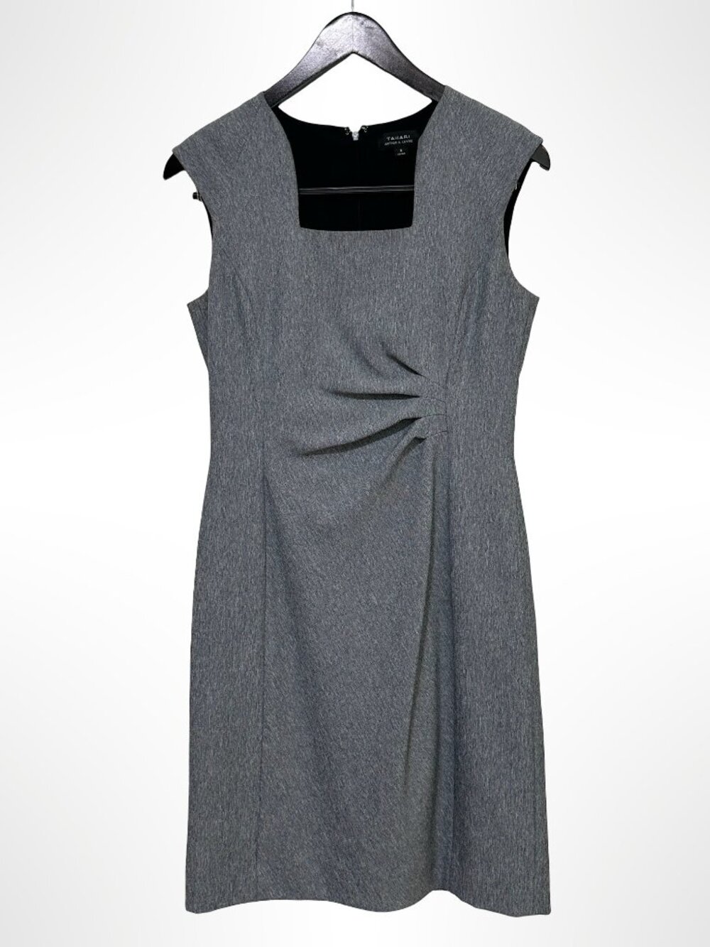 TAHARI ARTHUR S LEVINE Ruched Square Neck Sheath Dress Heathered Black Size 6